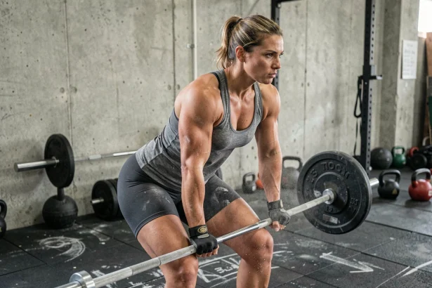 Athlète CrossFit féminine se préparant avec des grips de gymnastique et de la magnésie avant un soulevé de barre lors de l'Open CrossFit 2026