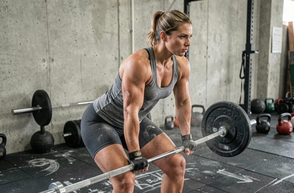 Athlète CrossFit féminine se préparant avec des grips de gymnastique et de la magnésie avant un soulevé de barre lors de l'Open CrossFit 2026