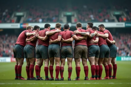Groupe de joueurs de rugby en pleine action lors d'un match
