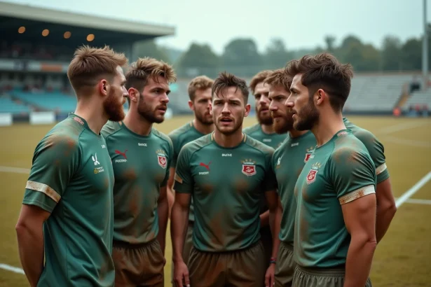 Groupe de joueurs de rugby regardant le score lors d'un match