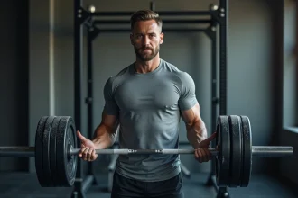 Homme en salle de sport effectuant un soulevé de terre avec une mauvaise position des poignets, illustrant une erreur courante d'entraînement musculaire