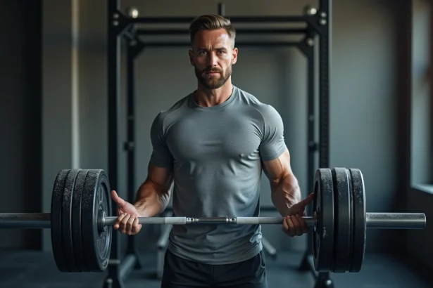 Homme en salle de sport effectuant un soulevé de terre avec une mauvaise position des poignets, illustrant une erreur courante d'entraînement musculaire