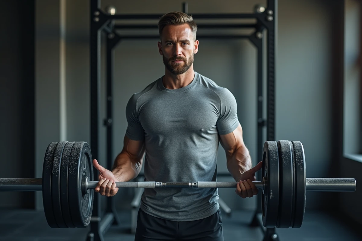Homme en salle de sport effectuant un soulevé de terre avec une mauvaise position des poignets, illustrant une erreur courante d'entraînement musculaire