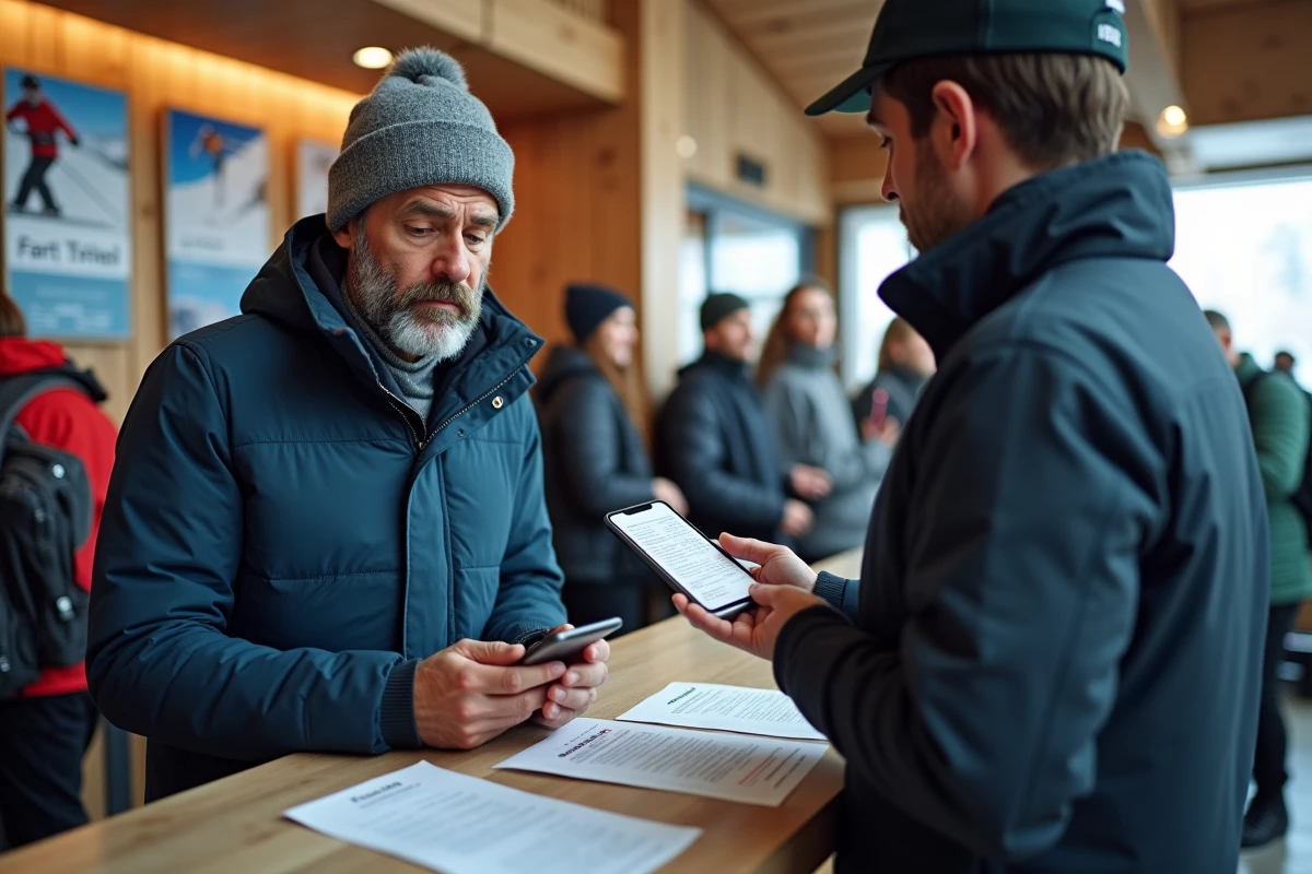 Skieur confrontant une erreur de réservation de forfait aux Menuires à la billetterie du domaine skiable