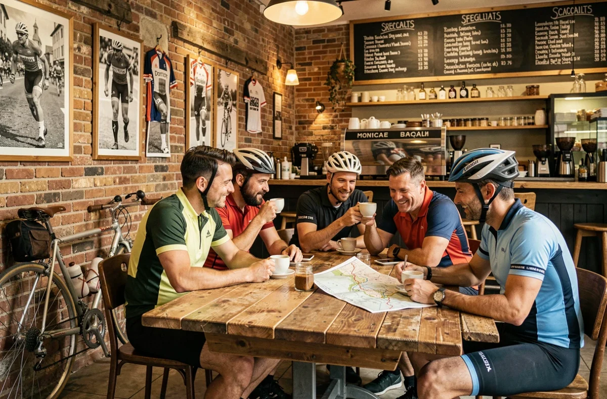 Groupe de cyclistes savourant un café et étudiant un itinéraire à L'Étape Bike Coffee Toulouse, café-vélo décoré de maillots et de photographies de course cycliste