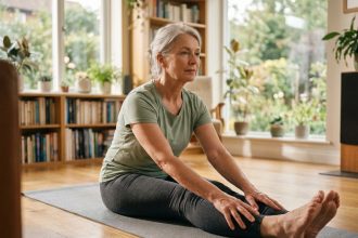 Femme de 60 ans faisant des étirements doux sur un tapis de yoga dans un salon lumineux pour soulager ses articulations