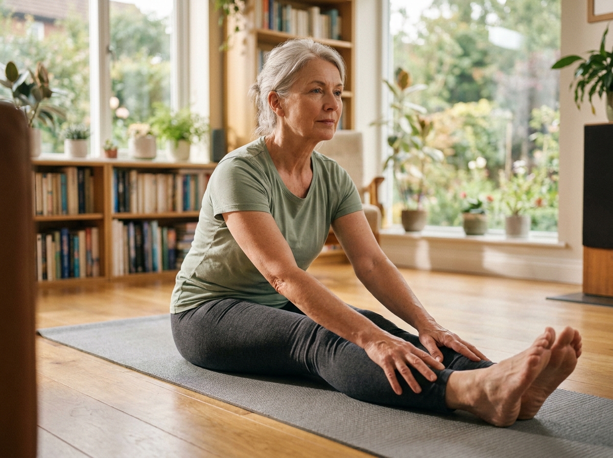 Femme de 60 ans faisant des étirements doux sur un tapis de yoga dans un salon lumineux pour soulager ses articulations