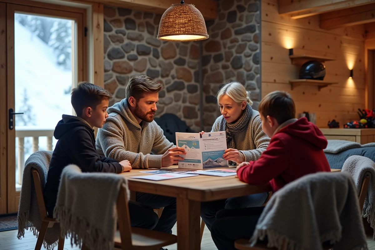 Famille en chalet de montagne à Pra Loup comparant les forfaits ski pour planifier leur séjour selon leur durée et leur niveau