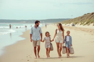 Famille se promenant sur la plage de Montalivet en été, avec dunes et vagues atlantiques en arrière-plan