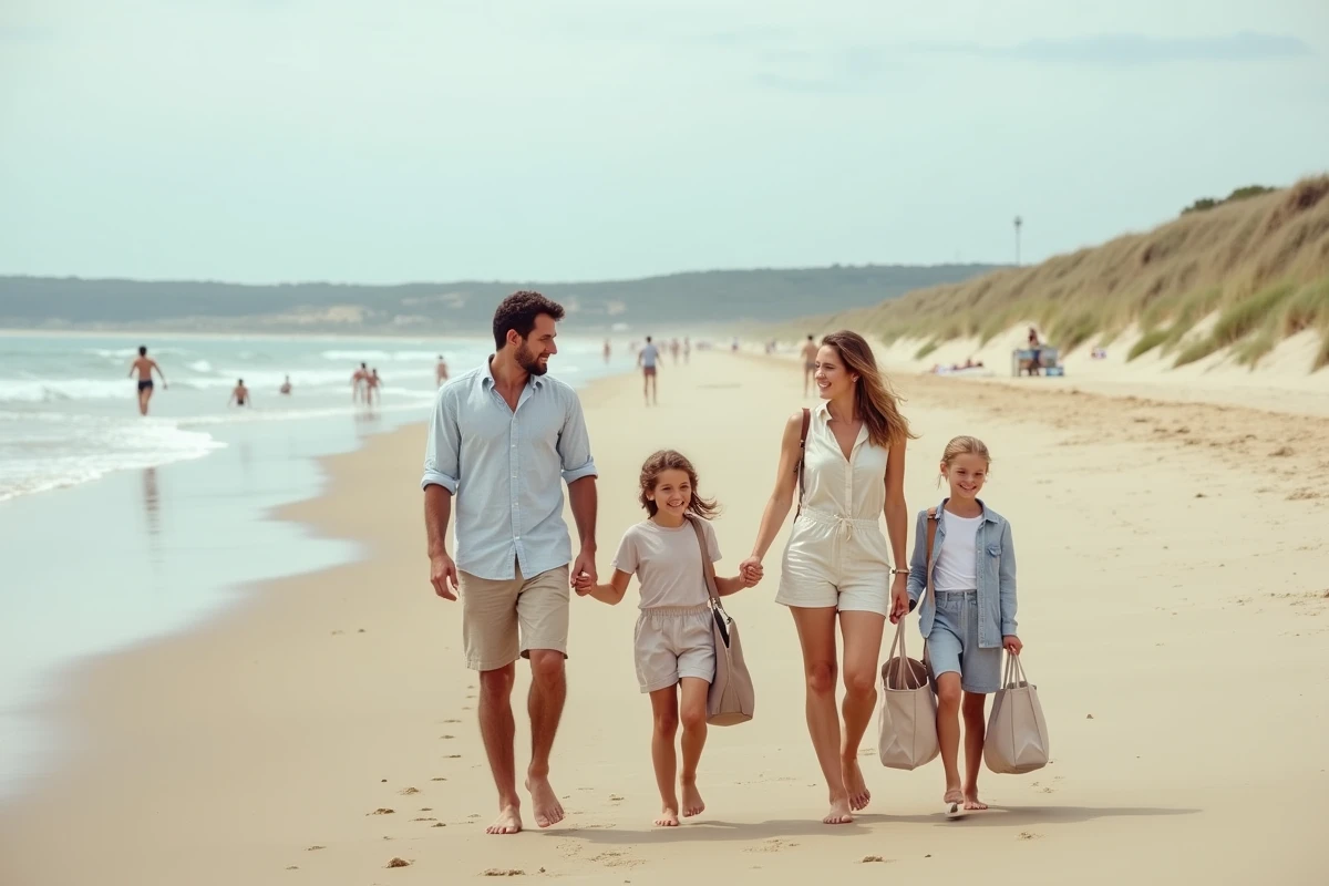 Famille se promenant sur la plage de Montalivet en été, avec dunes et vagues atlantiques en arrière-plan