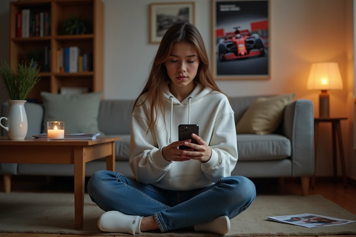 Jeune femme fan de F1 rendant hommage en ligne via son smartphone à la mémoire d'un pilote