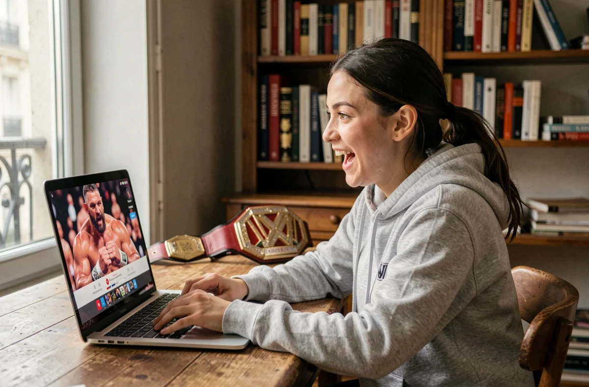 Jeune femme française regardant un match WWE de Rhea Ripley sur son ordinateur portable dans un appartement parisien