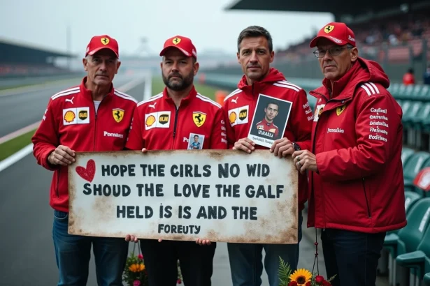 Fans de Formule 1 en tribunes tenant une banderole d'hommage lors d'un deuil sur le circuit