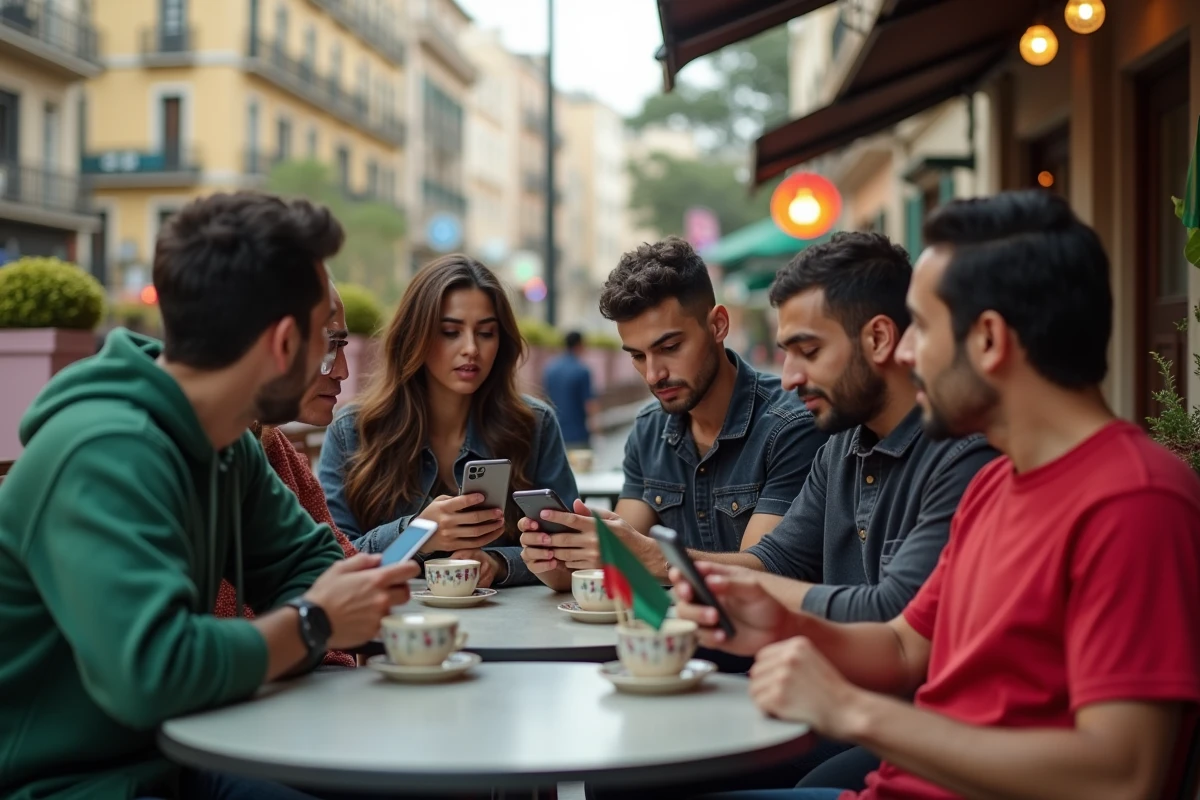 Fans algériens regardant leur téléphone lors d une discussion