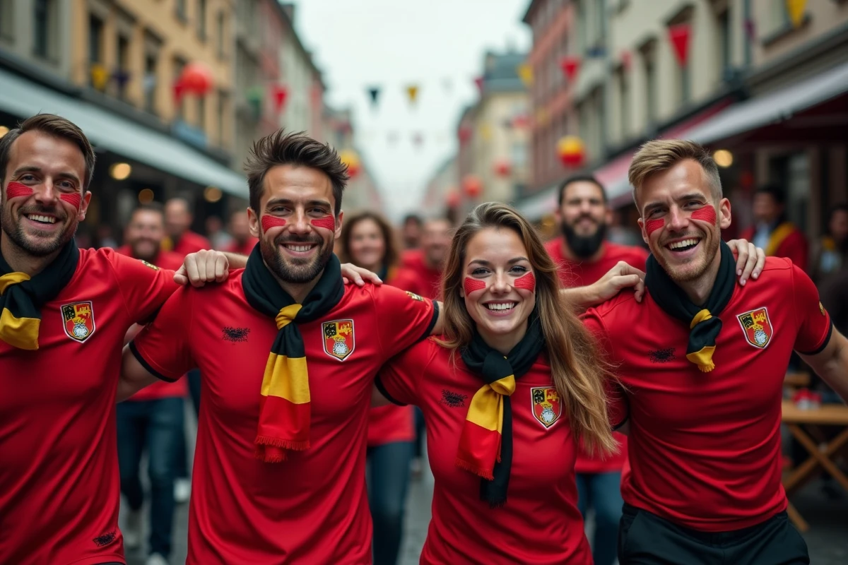 Fans belges en fête dans la rue avec drapeaux et écharpes