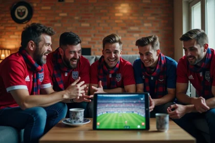 Fans de rugby regardant un match dans un salon convivial