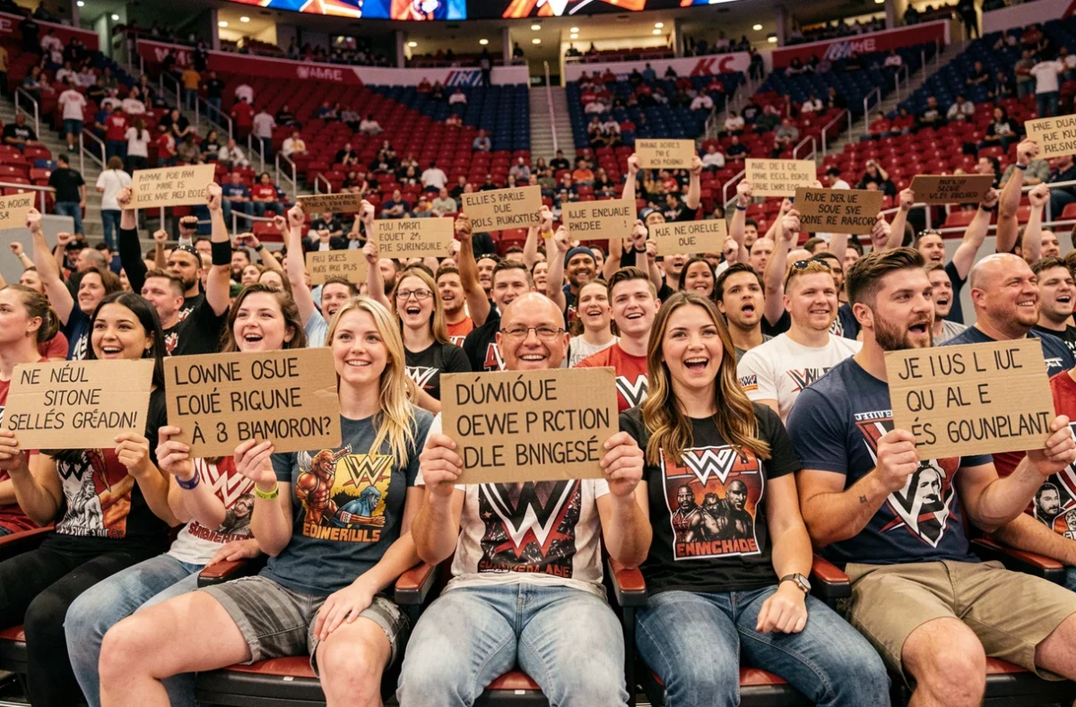 Fans de catch WWE en France tenant des pancartes dans une arène comble lors d'un événement de catch