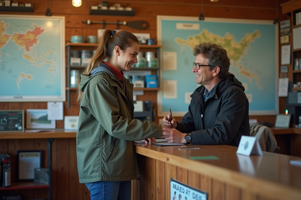 Jeune femme achetant un permis de pêche dans un magasin