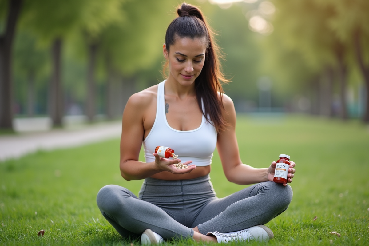 Femme sportive dehors en train de verser des omega 3