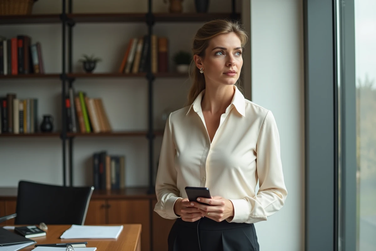 Femme posée et réfléchie tenant son téléphone, illustrant une attitude maîtrisée face aux rumeurs et à la pression médiatique