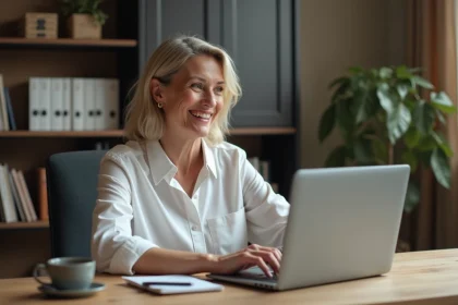 Femme d'âge moyen travaillant sur un ordinateur dans un bureau moderne