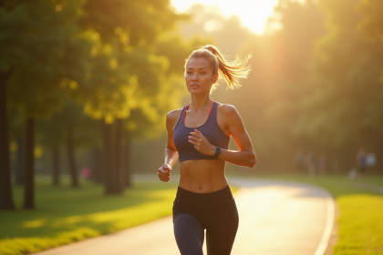 Femme sportive courant dans un parc ensoleille