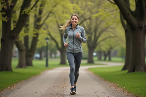 Femme sportive marchant dans un parc au printemps