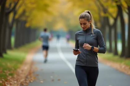 Femme sportive vérifiant sa montre dans un parc