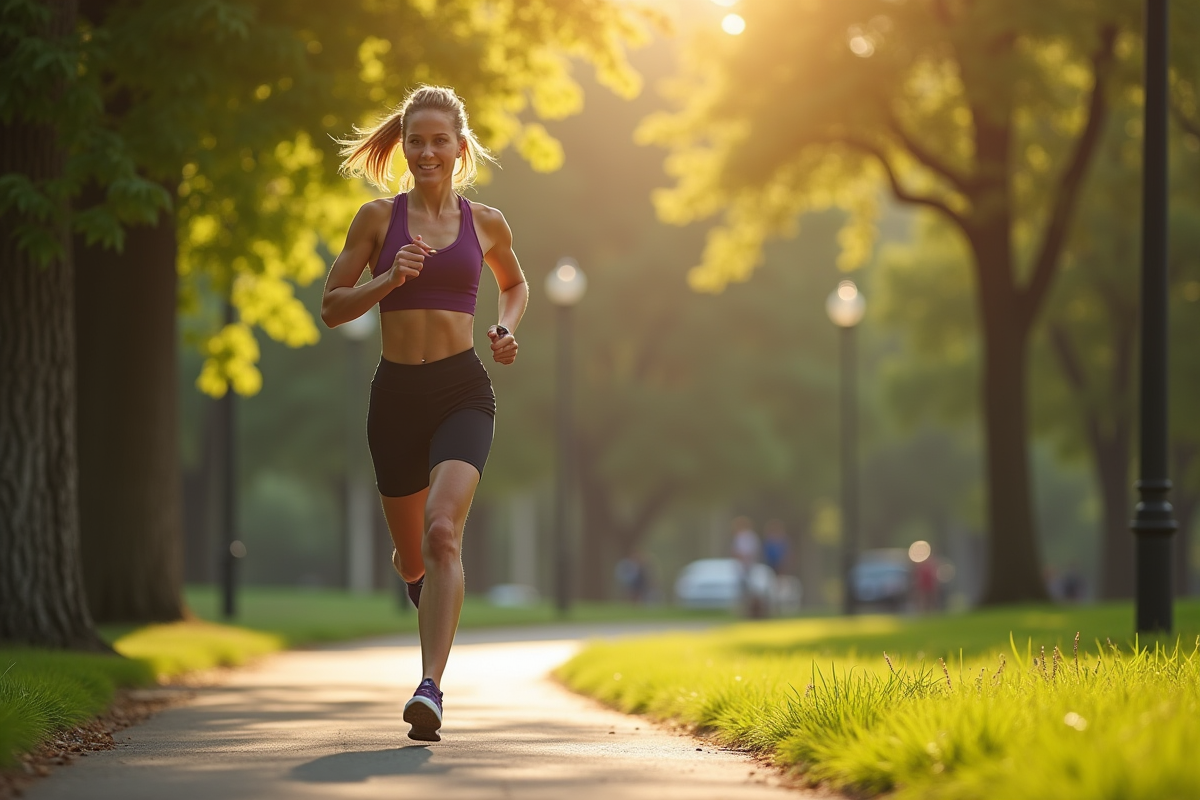 Femme en tenue sportive marchant dans un parc urbain ensoleille