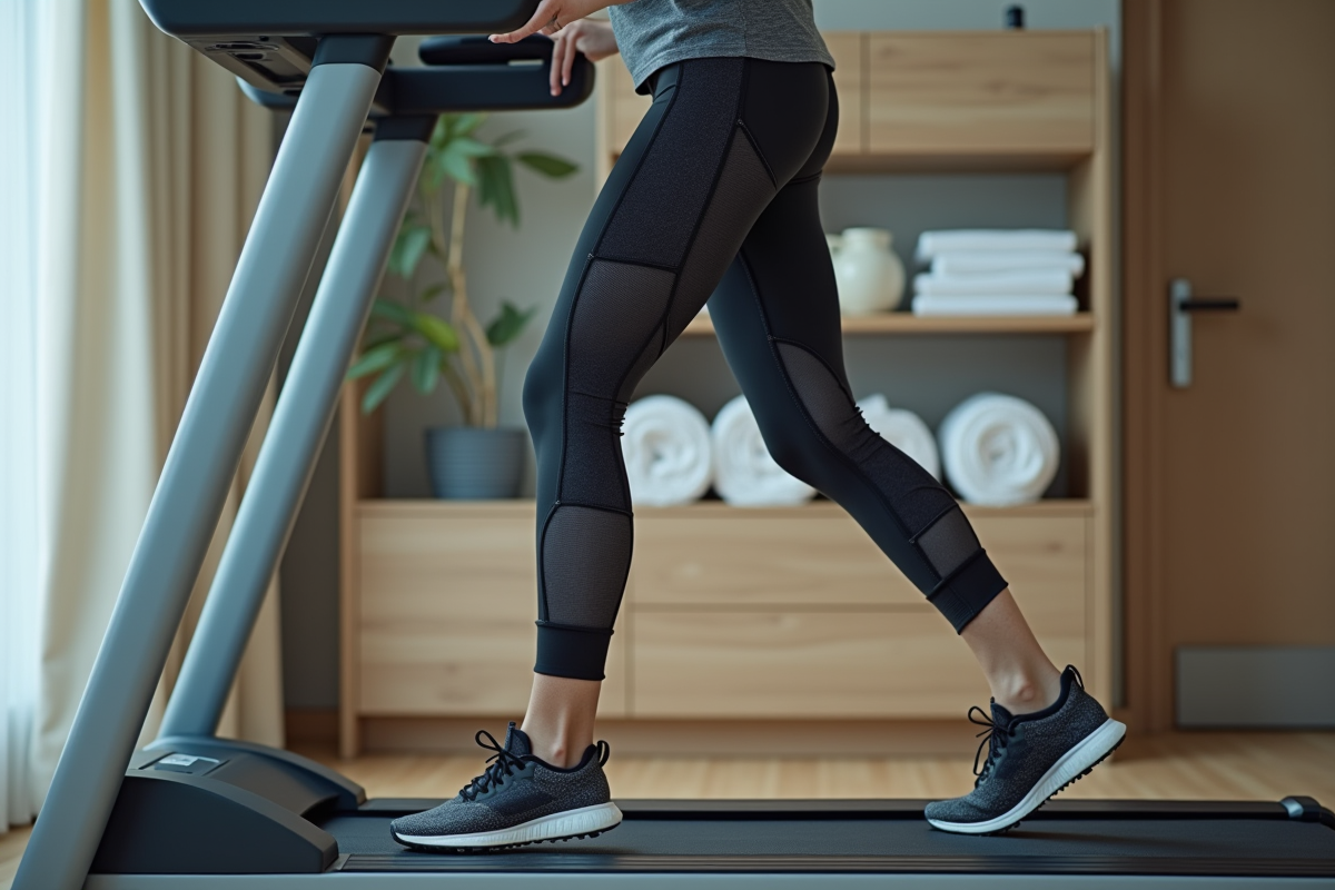 Femme sportive regardant ses pieds sur un tapis de course