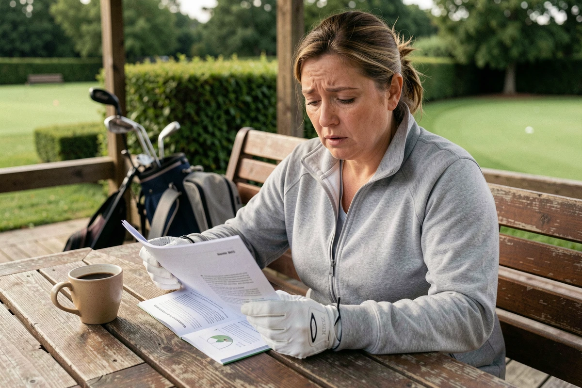 Femme débutante en golf lisant un guide d'apprentissage à une table en bois près du clubhouse