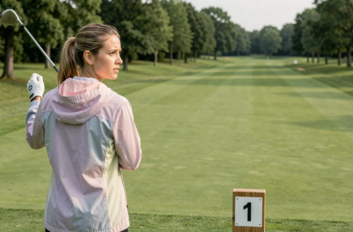 Femme débutante au golf sur le premier départ d'un parcours 18 trous, tenant un driver et regardant le fairway, vue de dos en grand angle