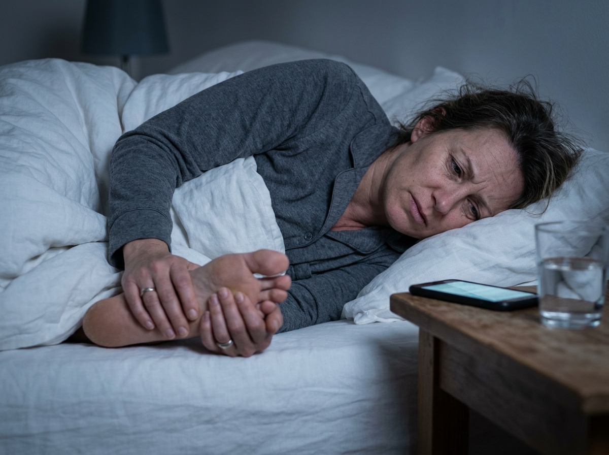 Femme tenant son talon douloureux la nuit dans son lit, illustration de la douleur au talon nocturne