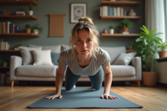 Femme en train de faire des pompes dans son salon cosy