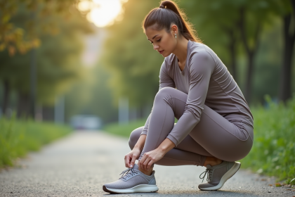 Femme en athleisure attachant ses lacets de course en plein air