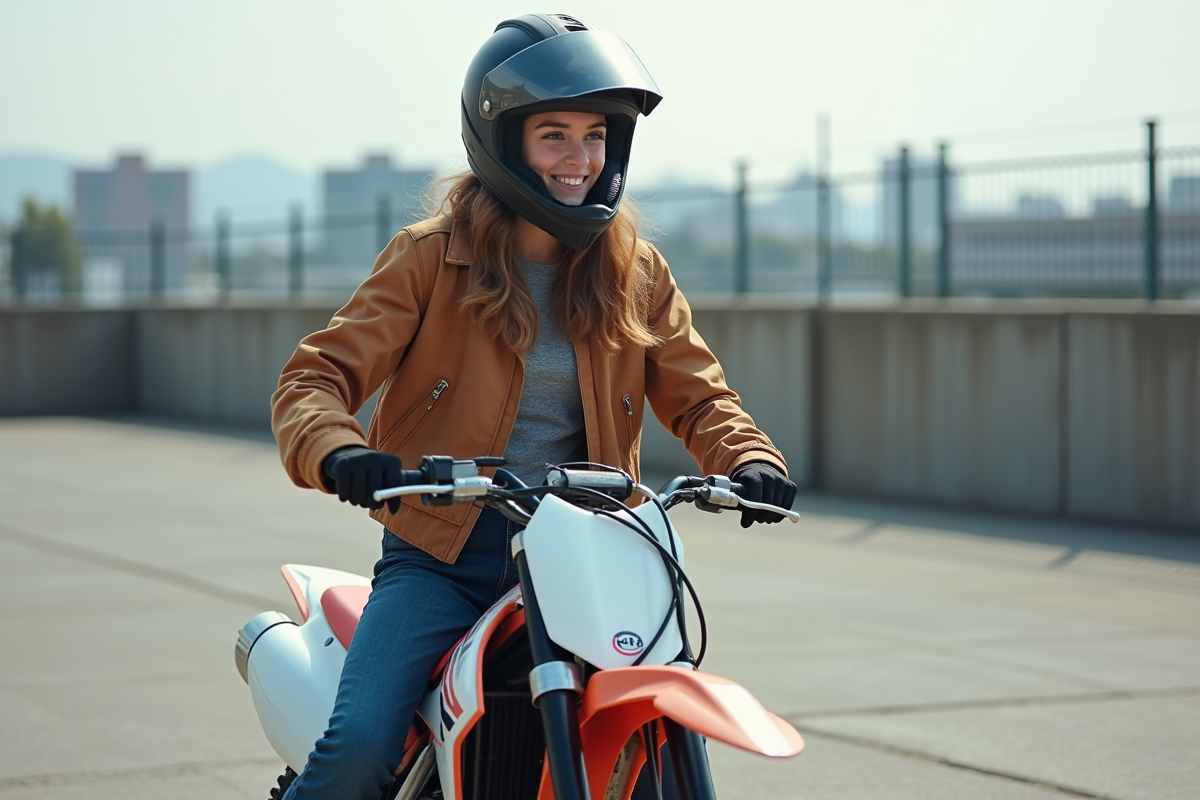 Femme ado en moto urbaine en train de s’équiper
