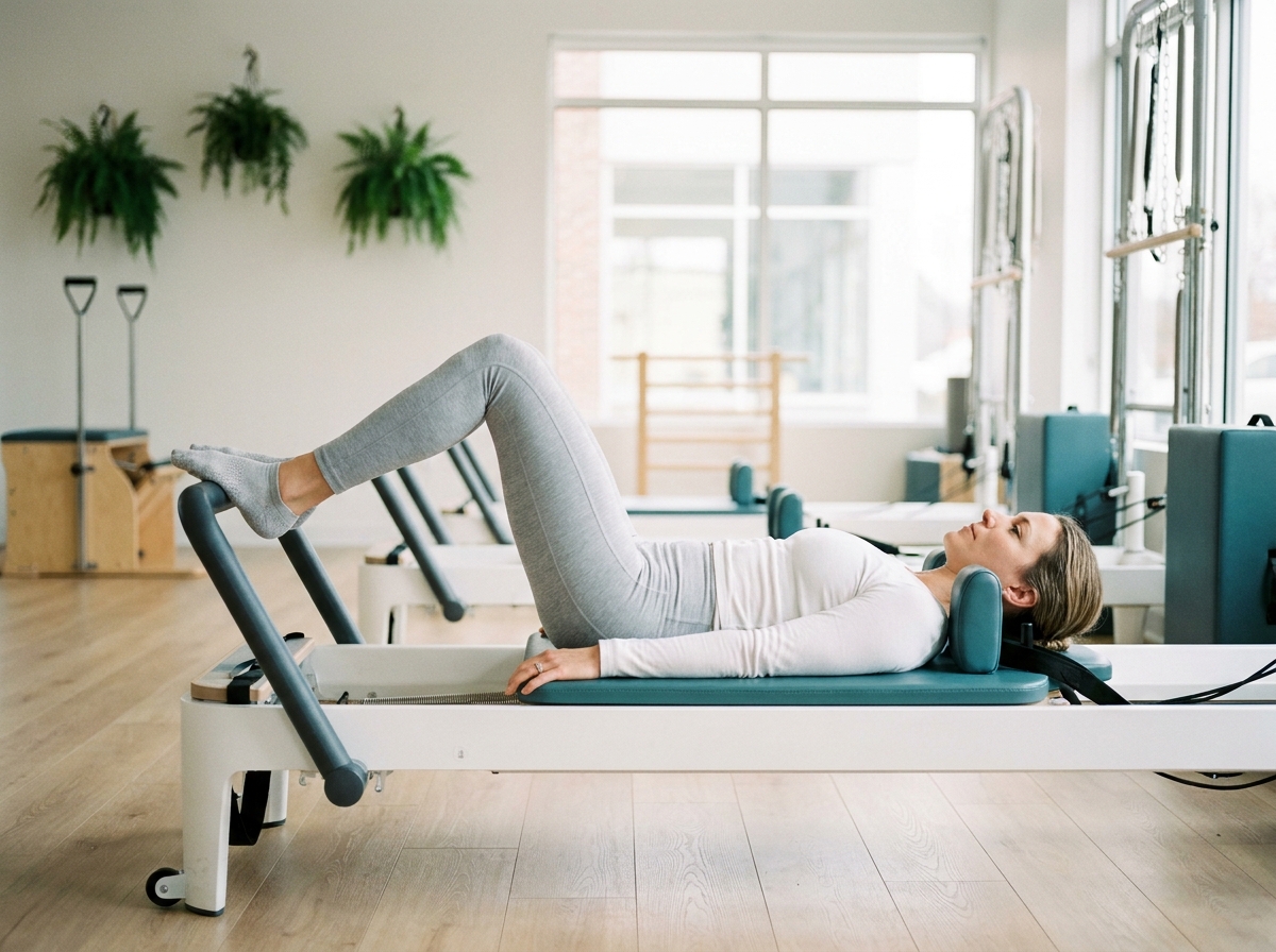 Femme pratiquant le pilates sur un reformer dans un studio moderne après une blessure sportive