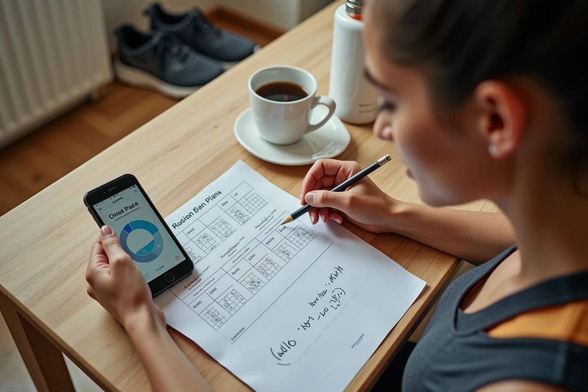 Femme athlète analysant un plan d'entraînement de course à pied avec conversion d'allure min/km en km/h sur smartphone