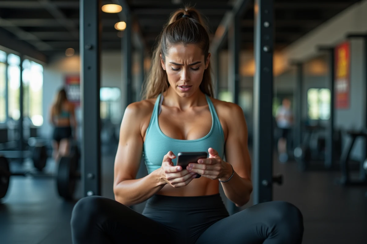 Femme assise sur un banc de musculation consultant son programme d'entraînement sur smartphone, illustrant la stagnation des résultats sportifs