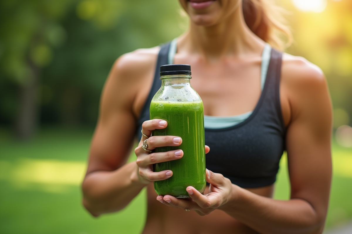 Femme en plein air tenant un smoothie vert après course