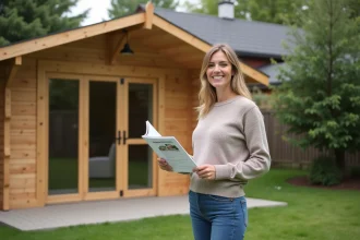 Femme souriante devant une cabane sportive en bois