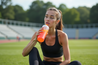Jeune femme sportive sirotant une boisson colorée en plein air