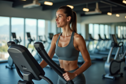Femme sportive utilisant un elliptique en salle de sport moderne