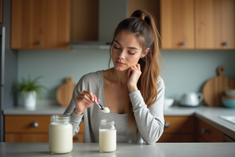 Jeune femme en tenue de sport préparant une protéine dans la cuisine