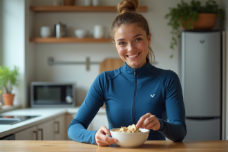 Jeune femme en tenue de sport préparant un bol de flocons d'avoine
