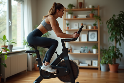 Femme en tenue de sport sur vélo d'appartement dans un intérieur chaleureux