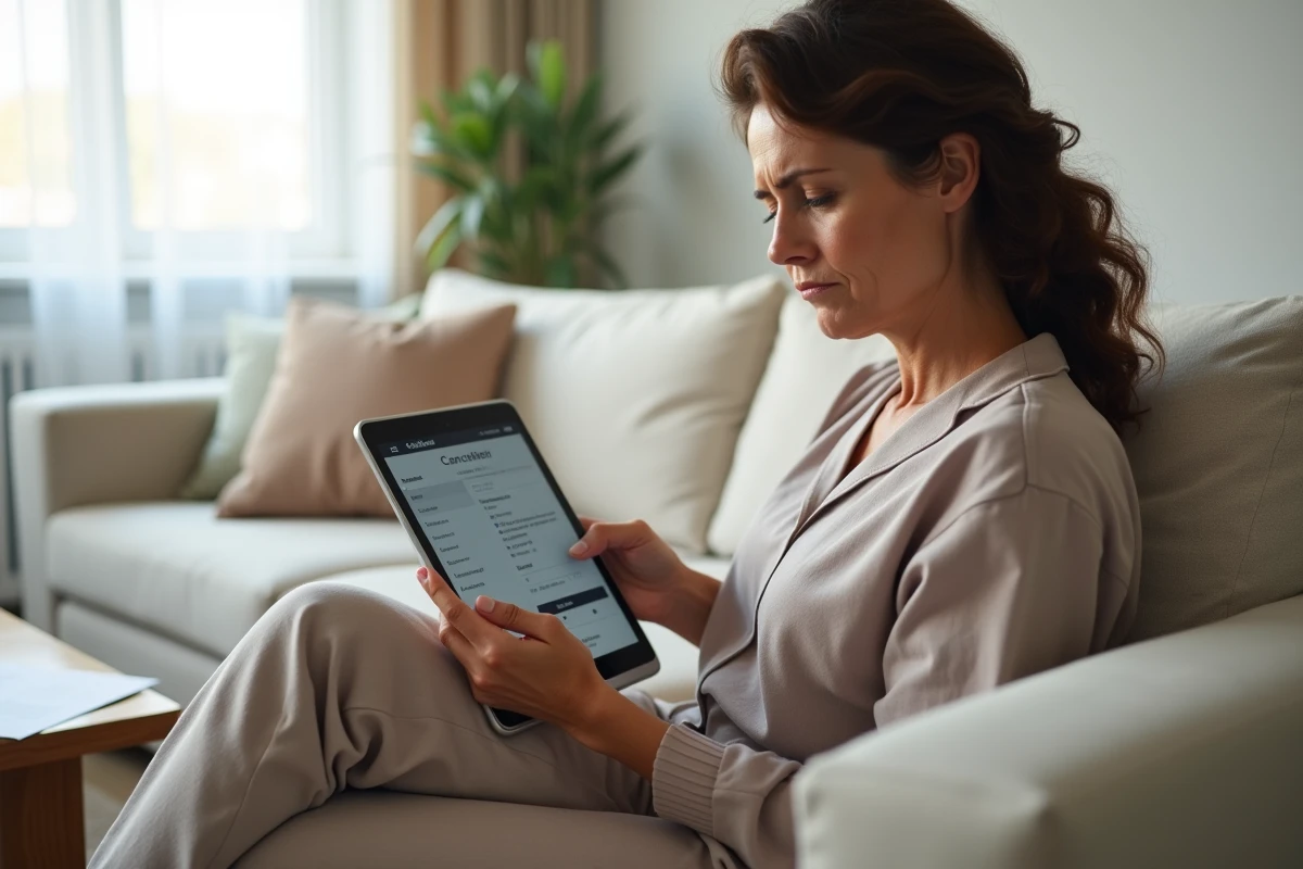 Femme utilisant une tablette sur son canapé pour effectuer une résiliation express d'abonnement salle de sport