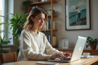 Femme travaillant sur son ordinateur dans un bureau lumineux