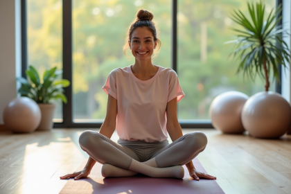 Femme souriante en yoga dans un studio lumineux