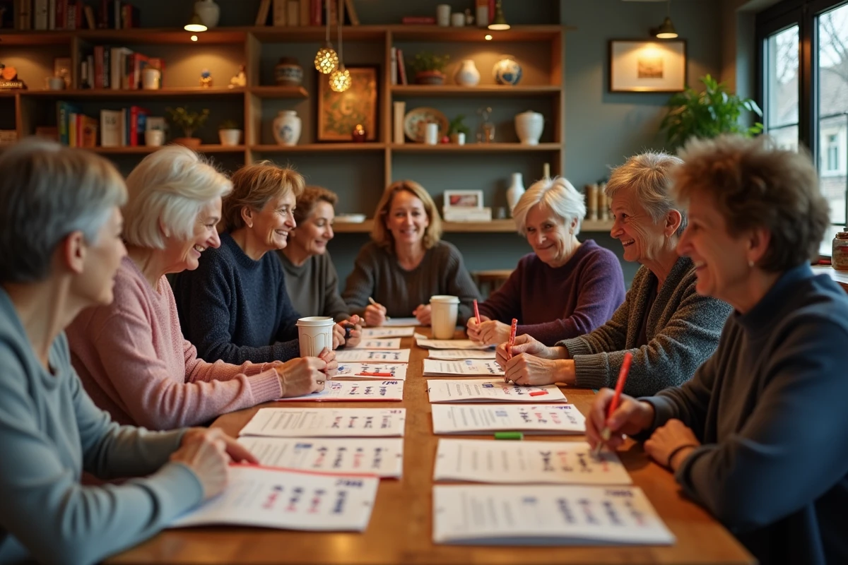 Groupe de femmes autour d un calendrier HCup dans un café chaleureux